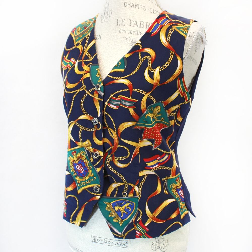 Smooth Premier Petites Vtg Silk Blouse Vest Baroque Royal Print Button M